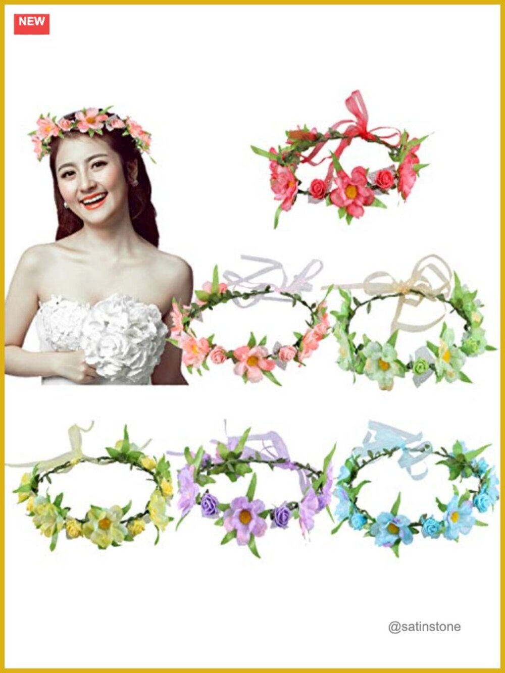 6Pc Adjustable Boho Flower Crown Headbands Elastic Ribbon Floral